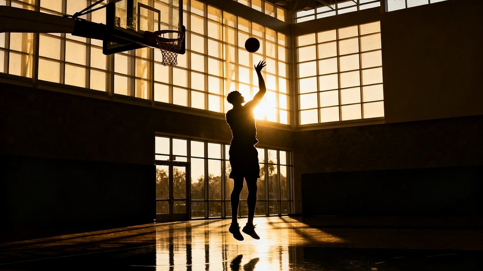 一名NBA球员在现代化训练馆内进行投篮练习的剪影，阳光从高窗洒入照亮球场