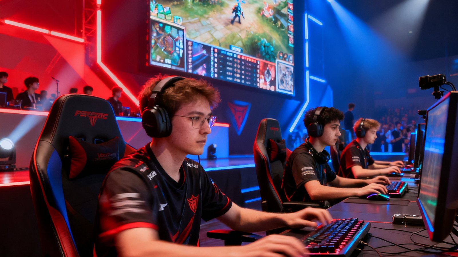 电竞赛事舞台上选手们专注操作键盘和鼠标，背后巨大屏幕显示游戏实时画面，现场灯光绚丽
