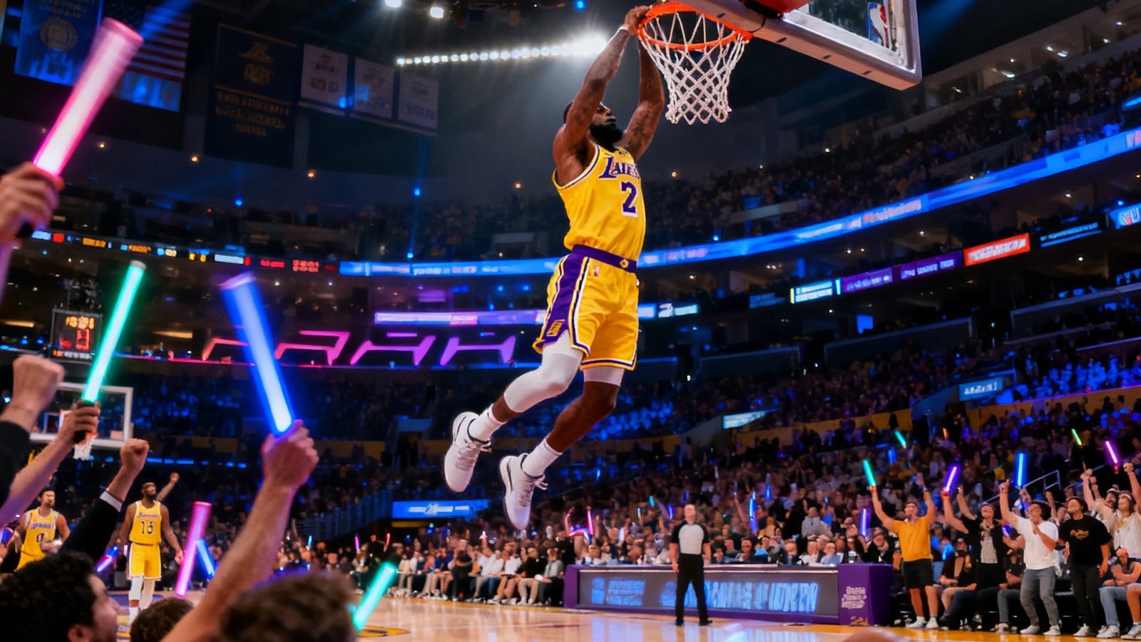 NBA洛杉矶湖人队主场斯台普斯中心比赛精彩瞬间，球员飞身扣篮，观众席爆发出热烈欢呼